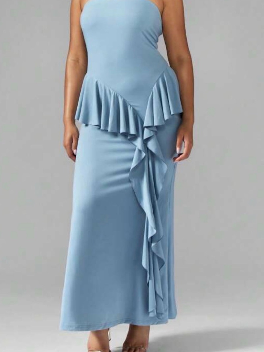 Missguided Light Blue Strapless Maxi with Ruffle Accent